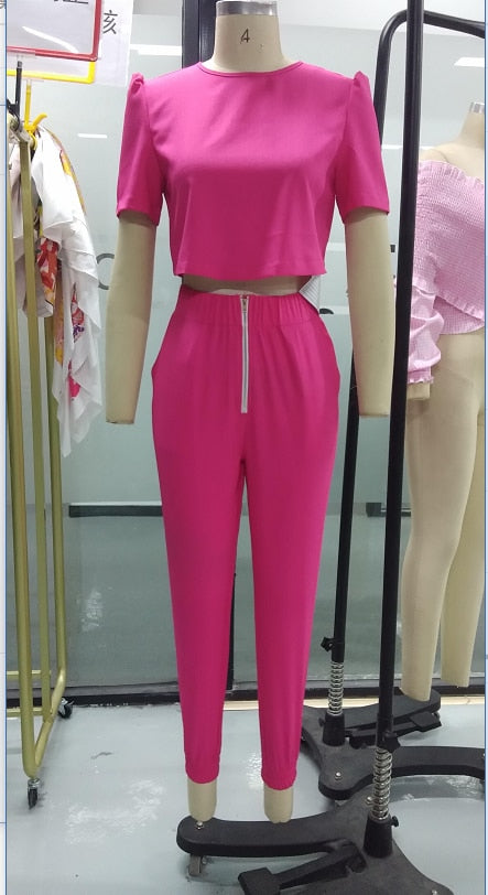 Short Sleeve Puff Sleeve Top High Waist Slim Pants