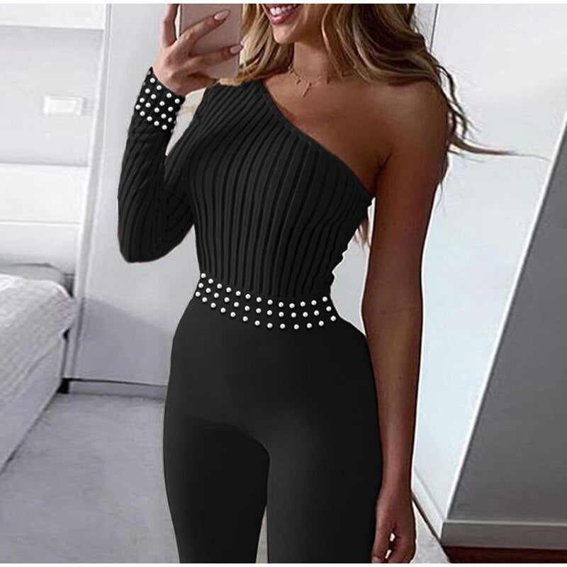 Single Shoulder Long Sleeve Beads Design Solid Color Jumpsuit