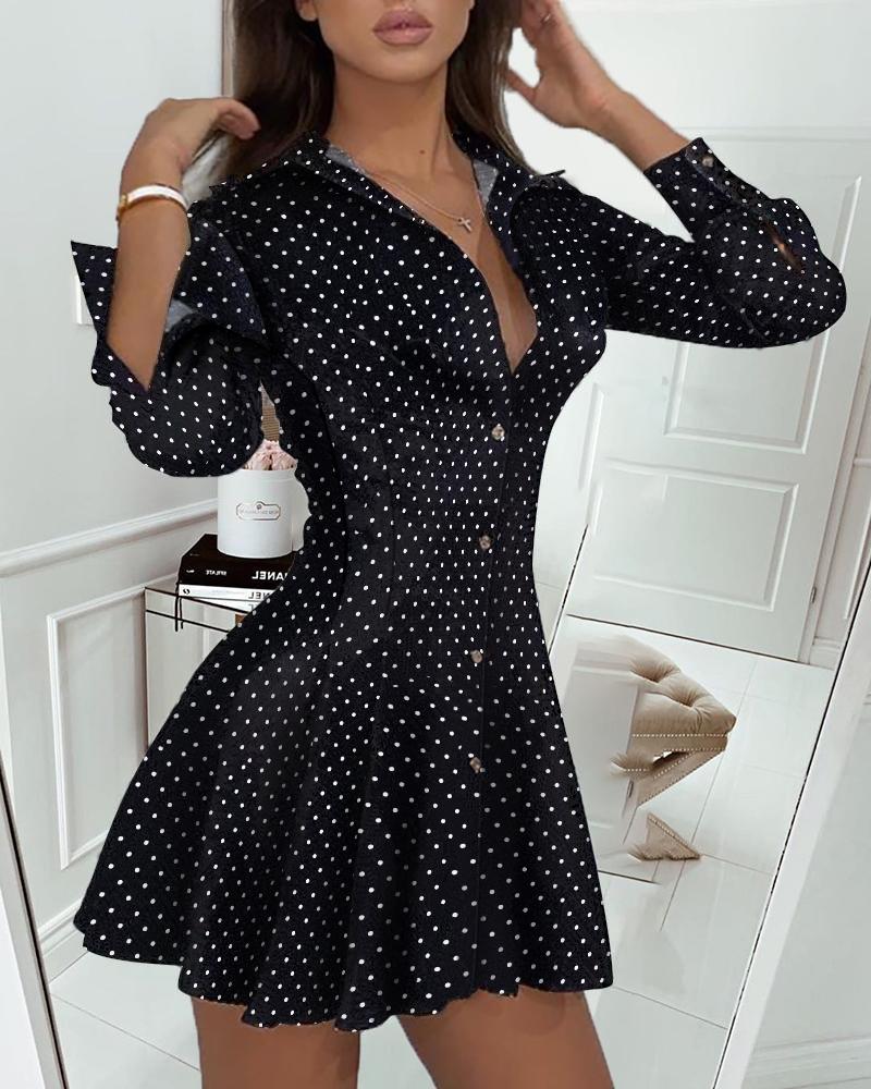 Turn Down Collar Polka Dot Print Pleated Skater Shirt Dress