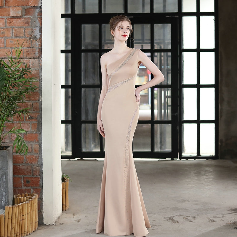 Elegant One Shoulder Soft Satin Crystal Evening Dress
