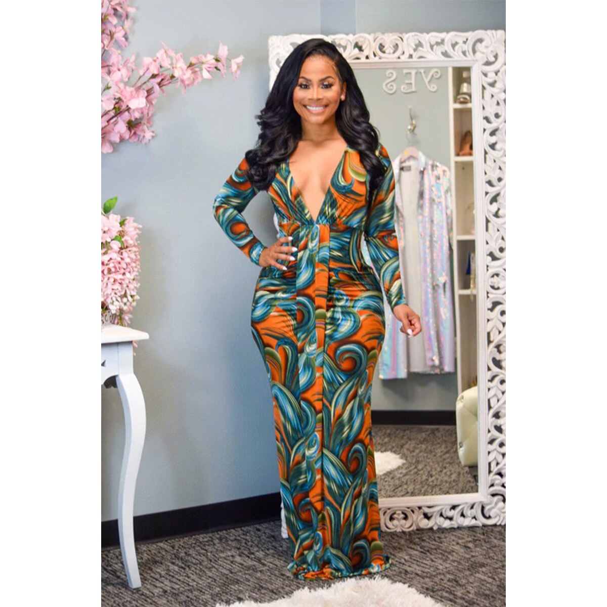 Long Sleeve V Neck Chic Printed Maxi Dress