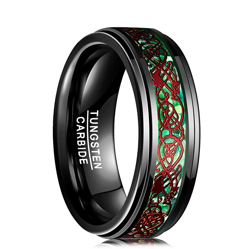 8Mm Mens Black Tungsten Carbide Red Celtic Dragon Pattern Green Carbon Fiber Rings