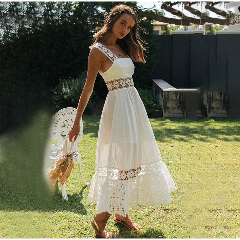 White Cotton Lace Hollow Out Backless Spaghetti Strap High Waist Long Dress