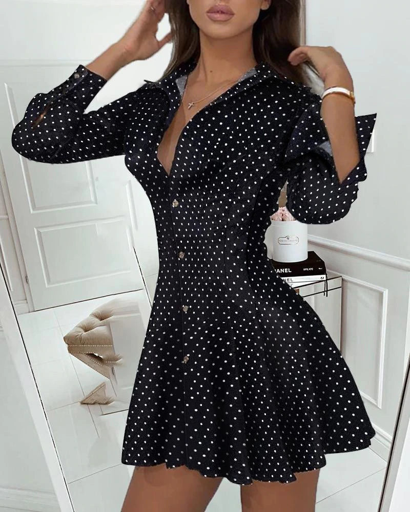 Turn Down Collar Polka Dot Print Pleated Skater Shirt Dress