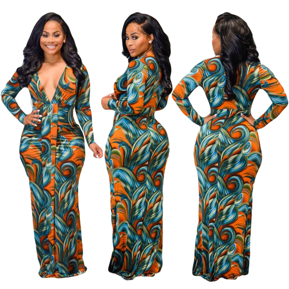 Long Sleeve V Neck Chic Printed Maxi Dress