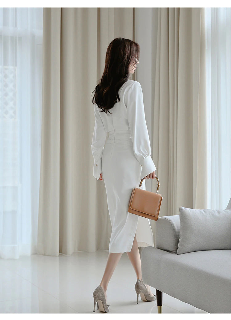 Autumn Solid White Slim Office Bodycon Pencil Dress