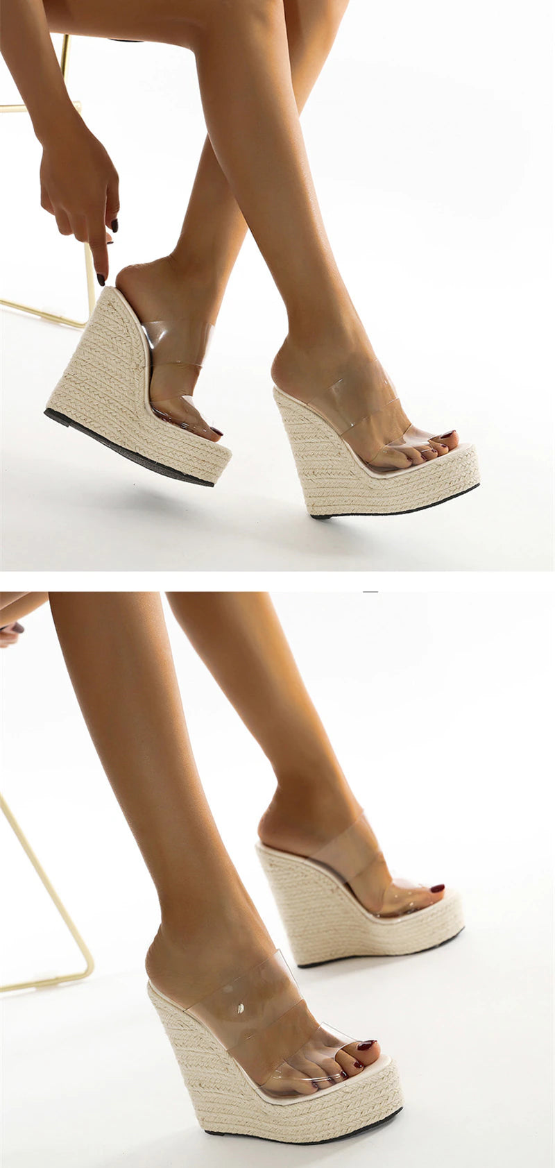 PVC Transparent Peep Toe Cane Straw Weave Platform Wedges