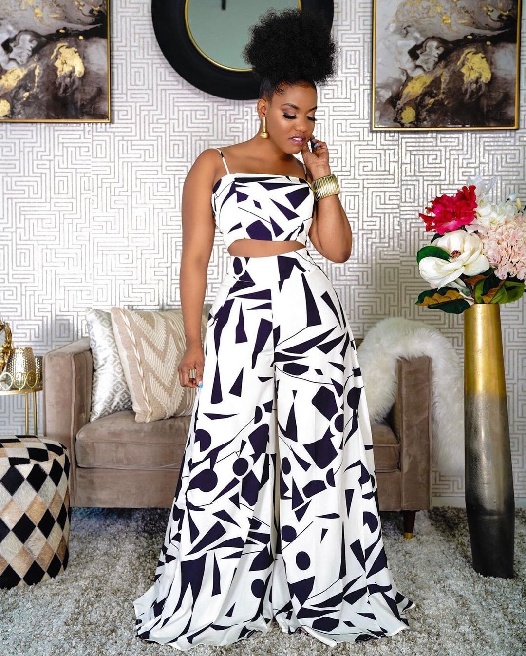 Print Sleeveless Strap Slash Neck Crop Tops Empire Loose Wide Leg Pants