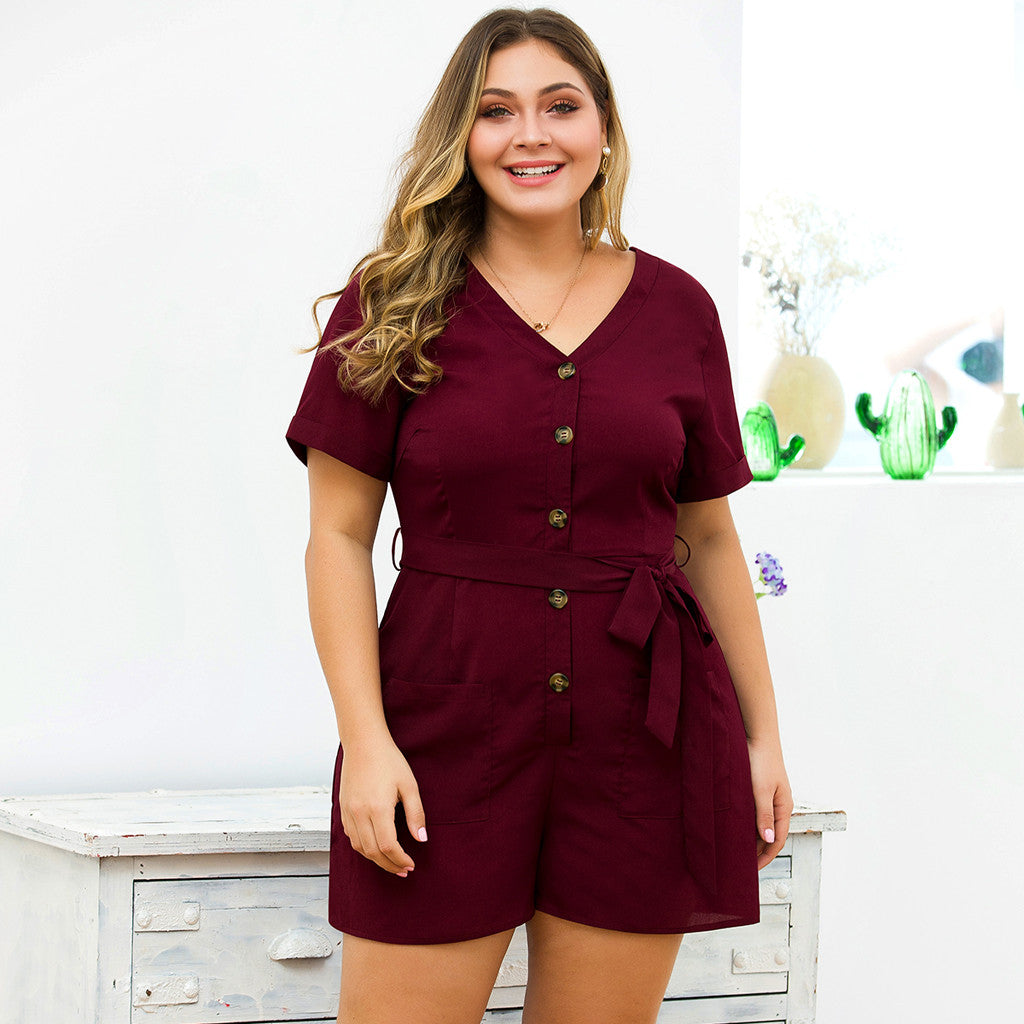 Plus Size V-neck Short Sleeve Belt Short Overalls Jumpsuit