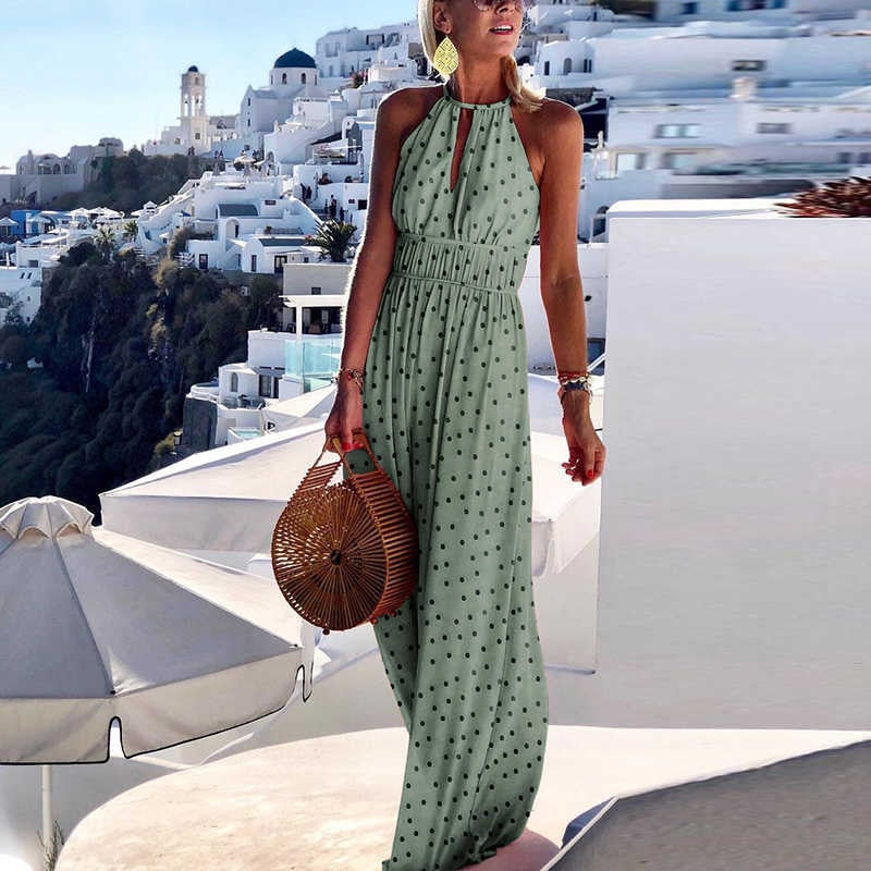 2021 Summer Boho Floral Print Halter Sleeveless Maxi Dress