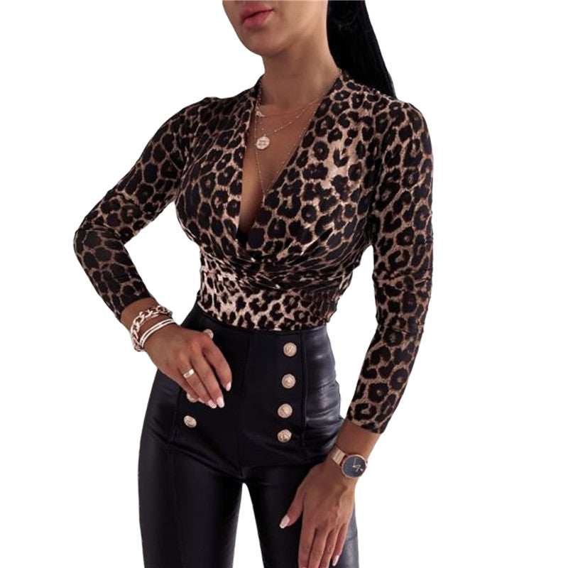 Cheetah Print V-neck Long Sleeve Blouse