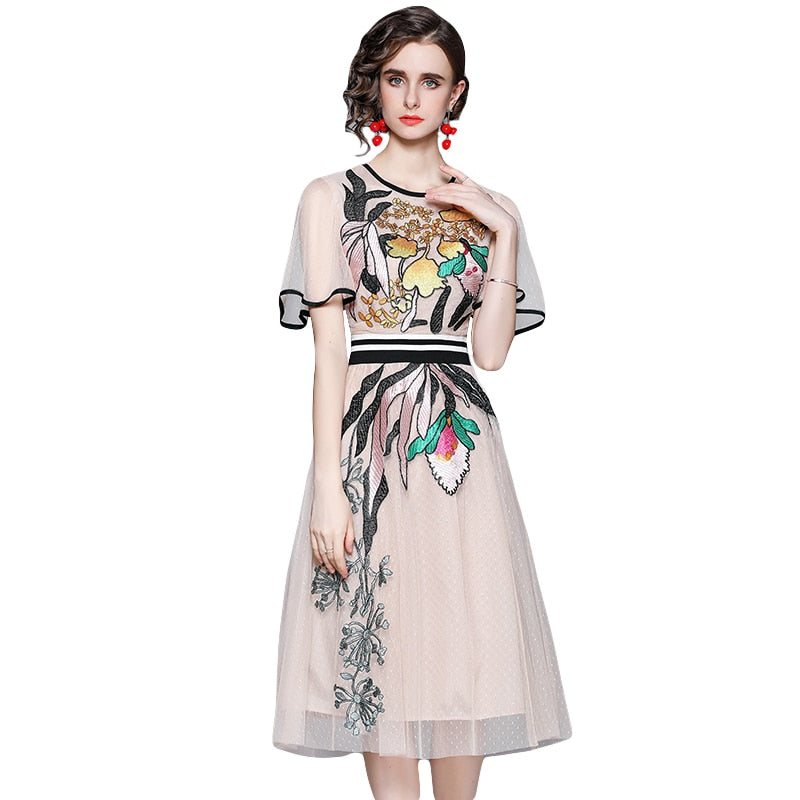 Butterfly Sleeve Flower Embroidery Slim A-Line Mesh Dresses