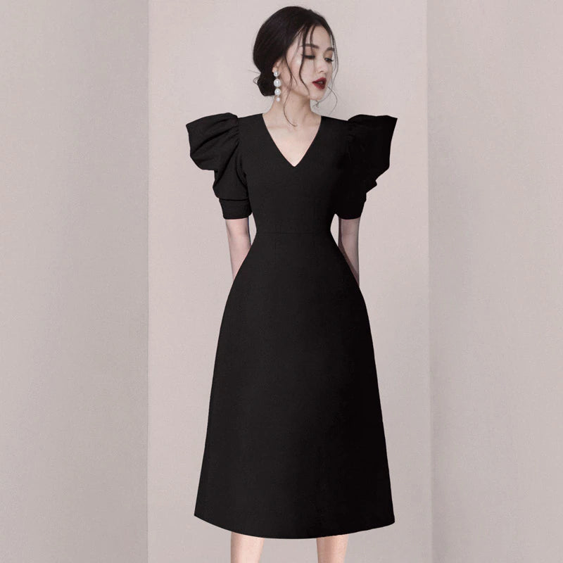 Vintage Ruffles Elegant Dinner Party  Black Dress