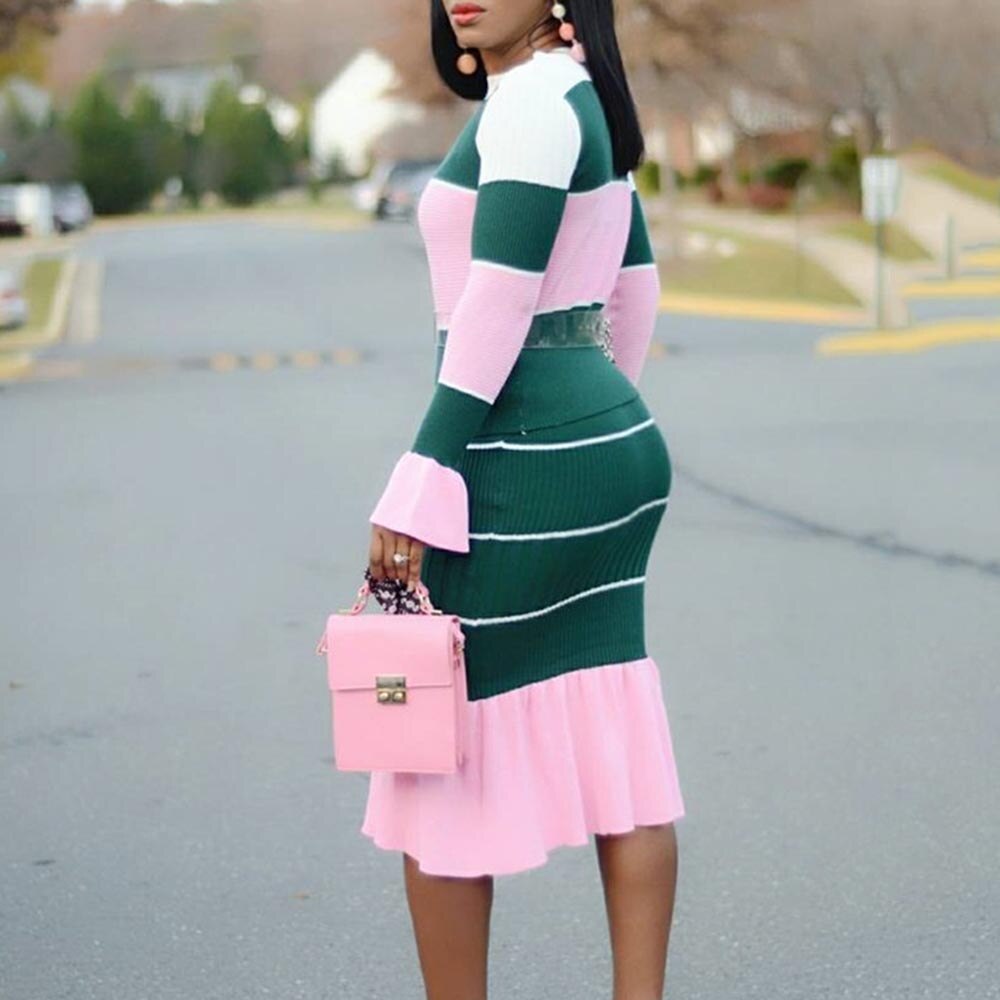 Autumn Patchwork Long Sleeve O Neck Sweater Midi Skirt And Top Set