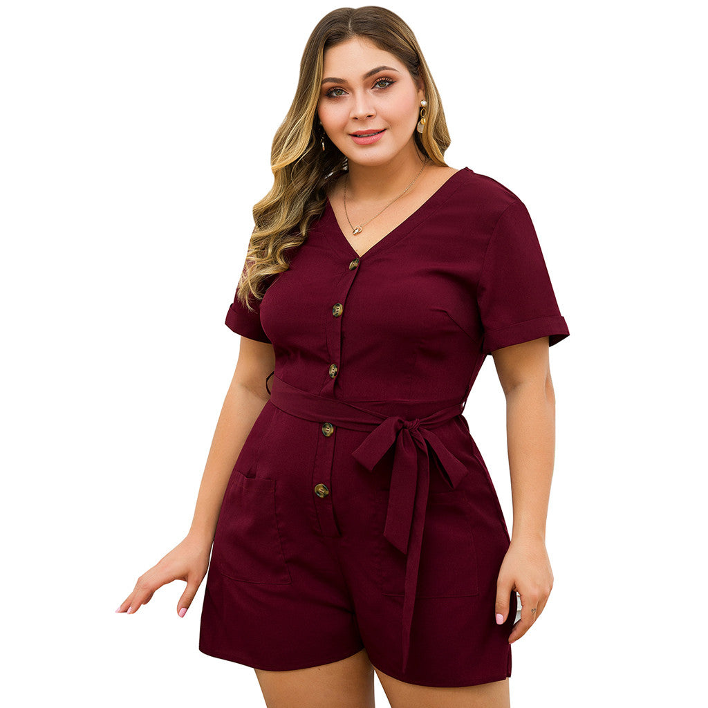 Plus Size V-neck Short Sleeve Belt Short Overalls Jumpsuit