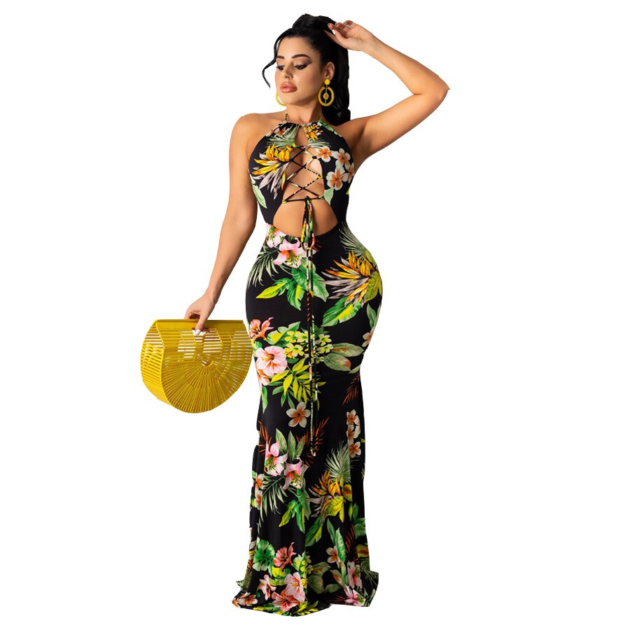 Halter Floral Printed Backless Maxi Dress