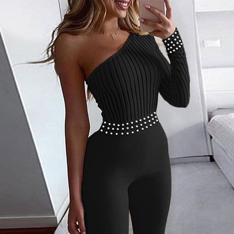 Single Shoulder Long Sleeve Beads Design Solid Color Jumpsuit