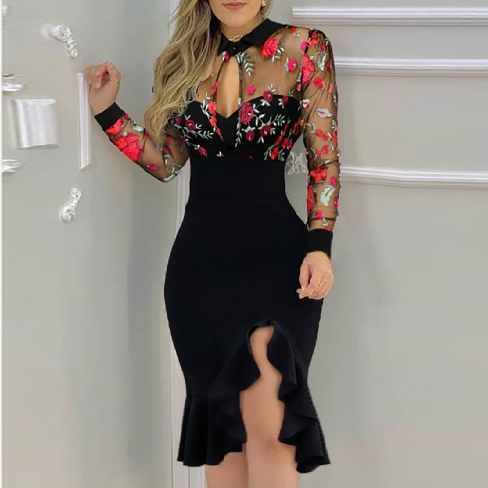 Slit Ruffles Hem Floral Pattern Lace Mesh Hollow OutV-Neck Long Sleeve Dress