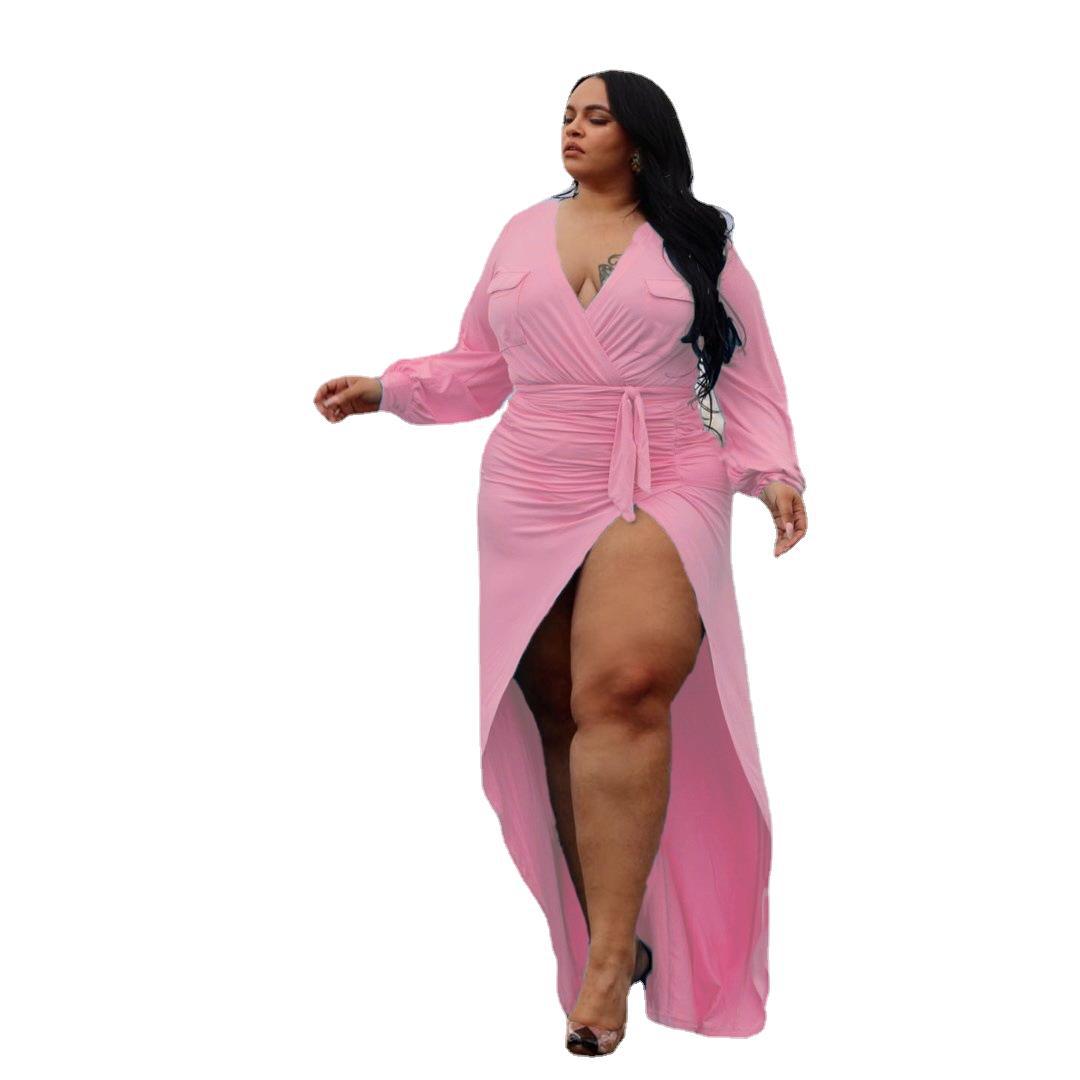 Plus Size Solid Bandage Slited Stretchy Cleavage Sexy Night Party Dress