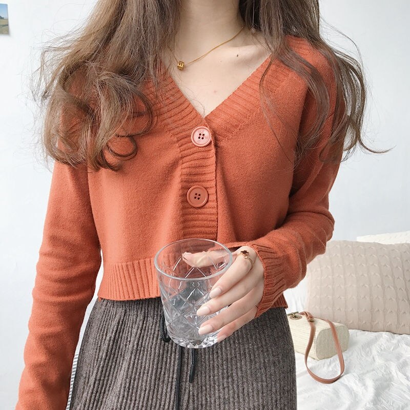 Long Sleeve V Neck Knitted Crop Cardigan