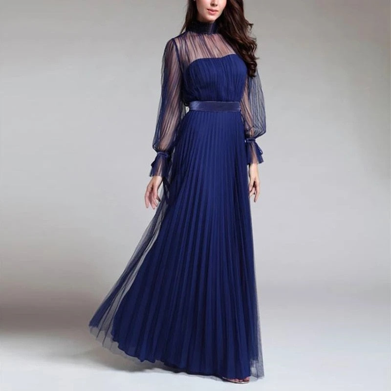 Elegant Women Solid Color Mesh A-line  O-neck Long Sleeve Slim Maxi Dress