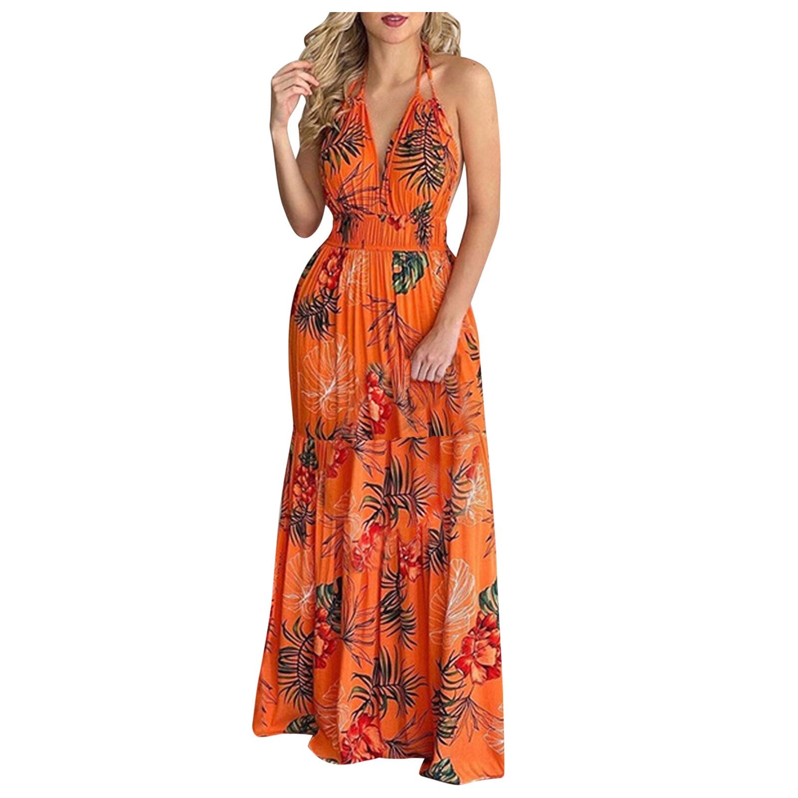 Summer Elegant Halter Sleeveless Vintage Floral Backless Pleated Maxi Dress