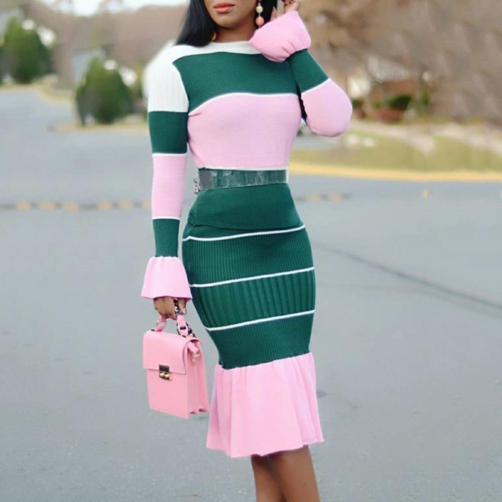 Autumn Patchwork Long Sleeve O Neck Sweater Midi Skirt And Top Set