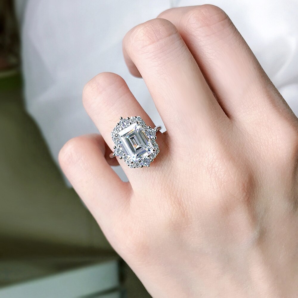 925 Sterling Silver Emerald Cut Lab Sapphire High Carbon Diamonds Gemstone