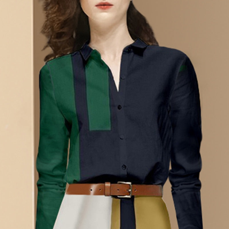 Spring Fall Long Sleeve Hit Color Shirts Top & High Waist Midi A Line Belt Slim Skirt