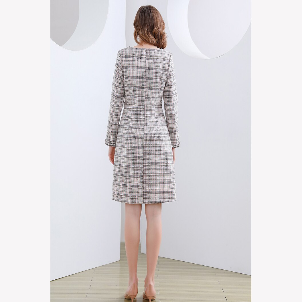 Winter Round Neck Beaded  Long-sleeved Vintage Wool Plaid Tweed Dress