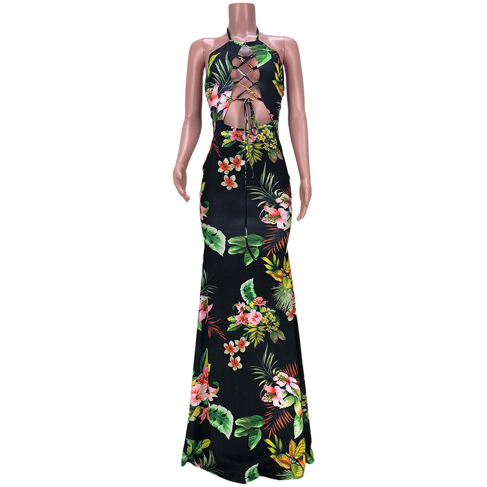 Halter Floral Printed Backless Maxi Dress