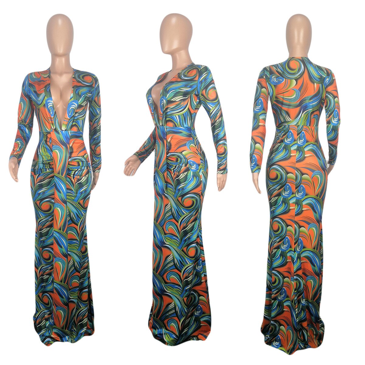 Long Sleeve V Neck Chic Printed Maxi Dress