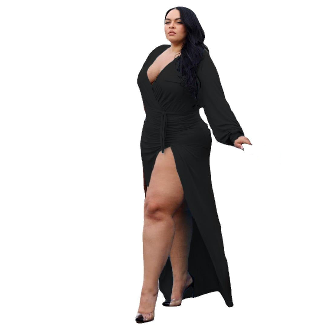 Plus Size Solid Bandage Slited Stretchy Cleavage Sexy Night Party Dress
