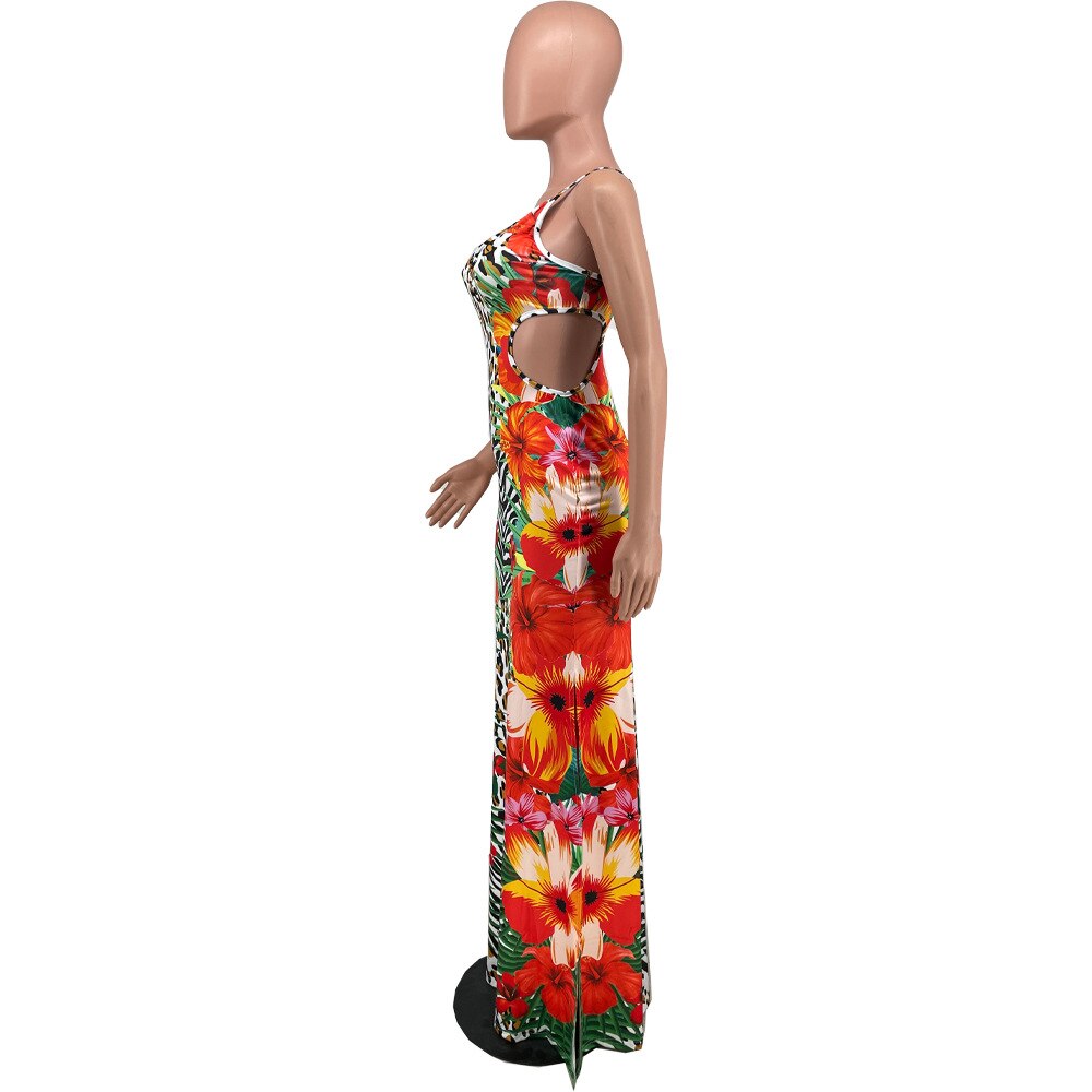 Print Sleeveless Strap V-neck Hole Hollow Out Stretchy Bodycon Maxi Dress