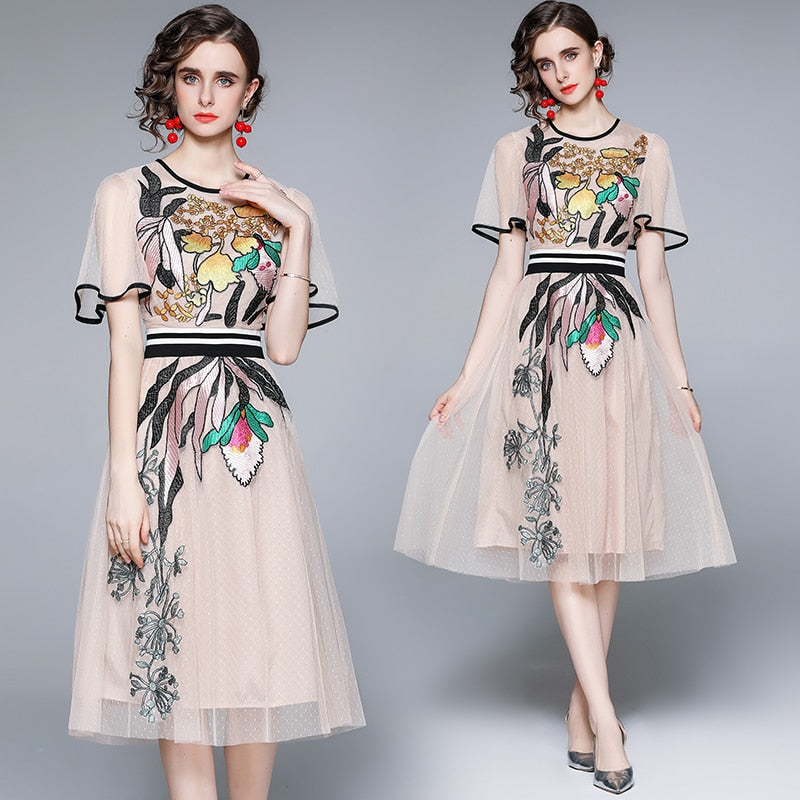 Butterfly Sleeve Flower Embroidery Slim A-Line Mesh Dresses