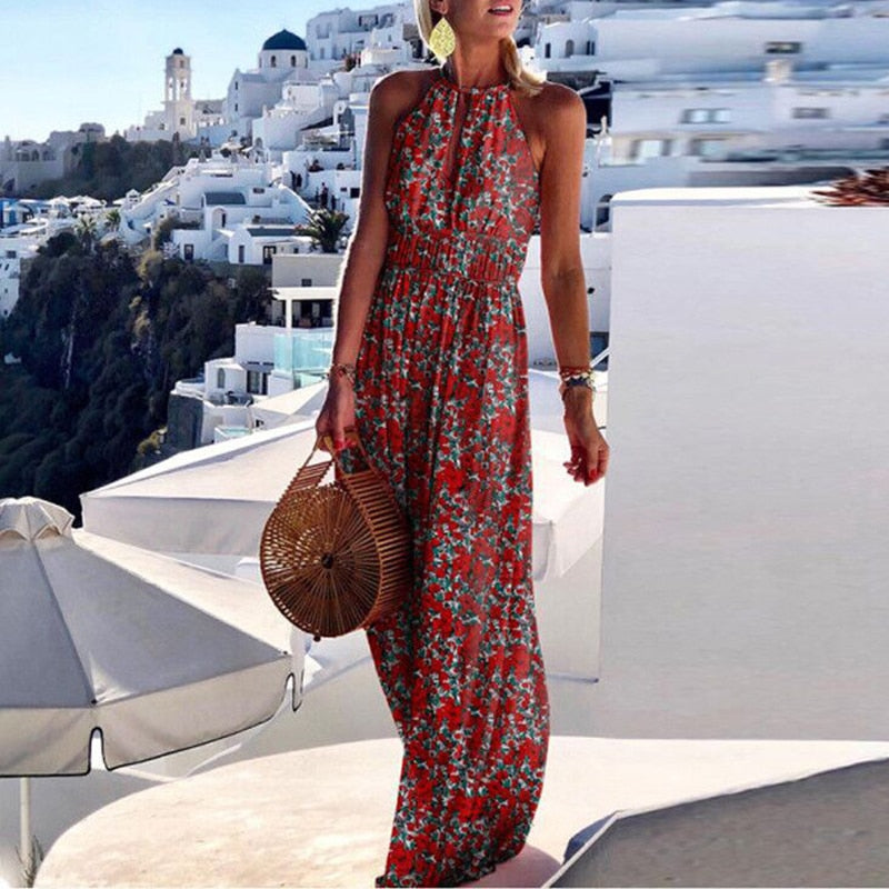 2021 Summer Boho Floral Print Halter Sleeveless Maxi Dress