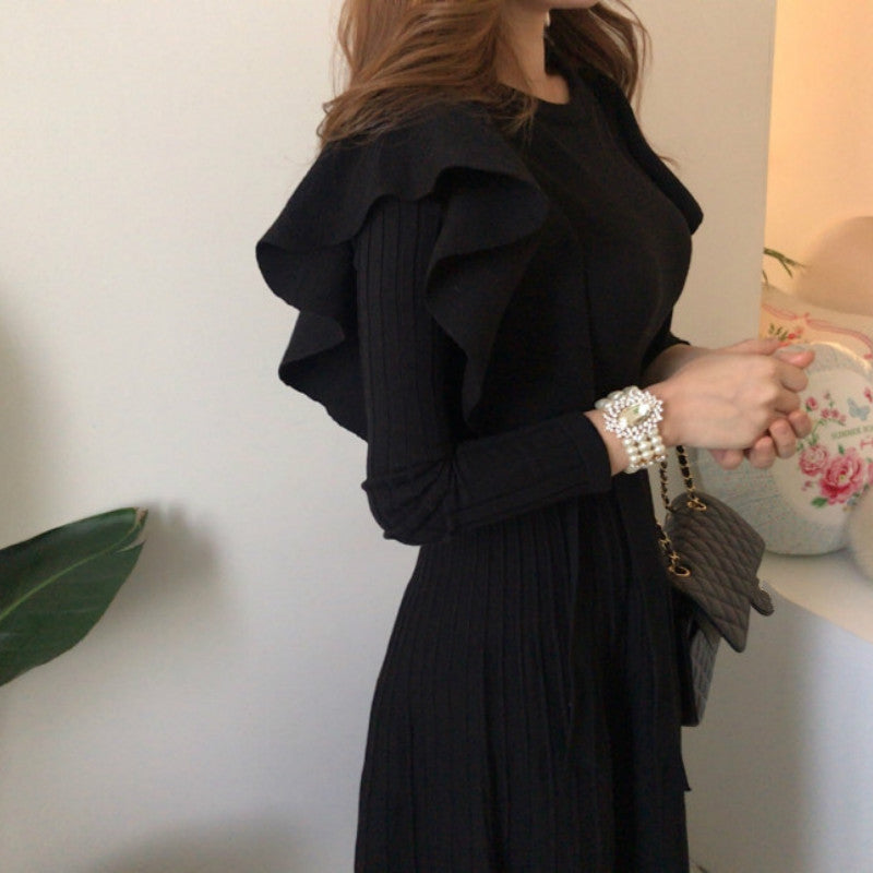 Ruffles Slim Waist Long Sleeve A Line Pleated Dress