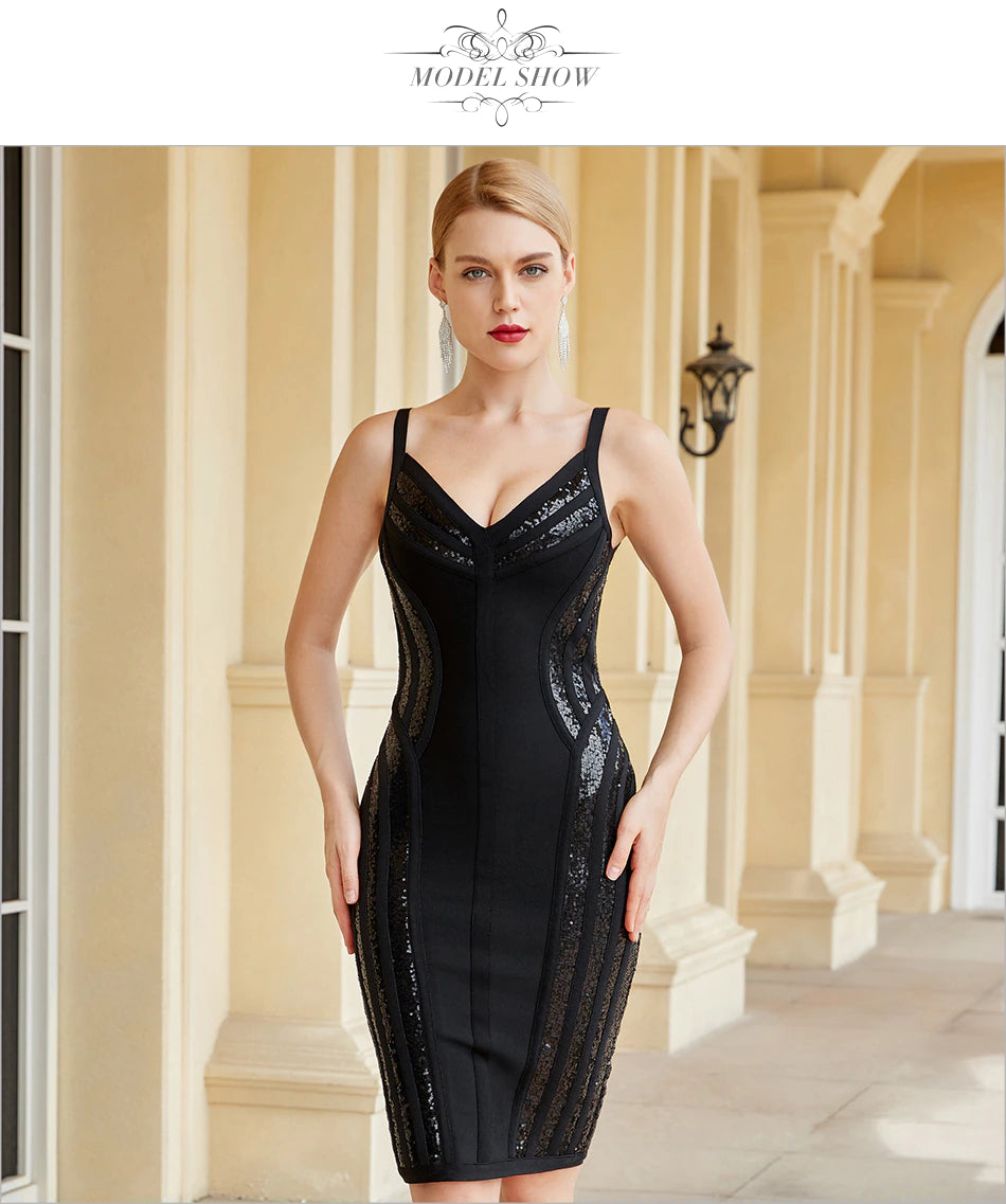Sexy V Neck Spaghetti Strap Black Sequins Club Bodycon Bandage Dress