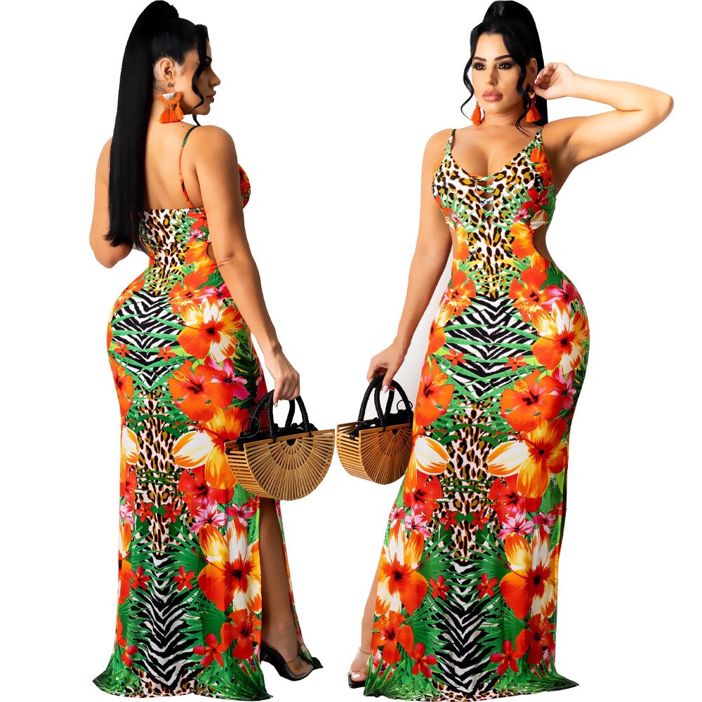 Print Sleeveless Strap V-neck Hole Hollow Out Stretchy Bodycon Maxi Dress