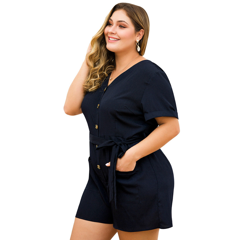 Plus Size V-neck Short Sleeve Belt Short Overalls Jumpsuit