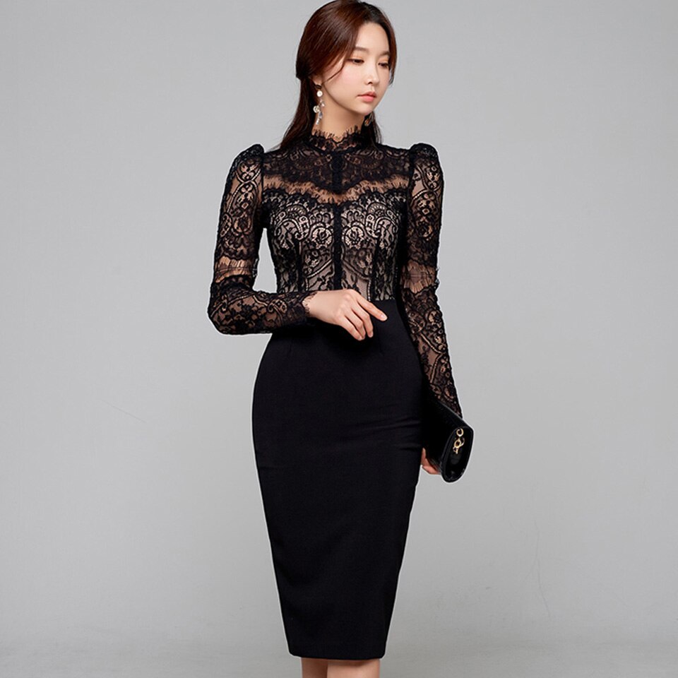 Spring White Black High Waist Tight Stitching Sexy Lace Stand Collar Long Sleeves Office Dress