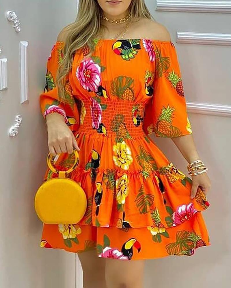 Elegant Fruit Print Off Shoulder Short Sleeve High Waist Pleated A-Line Dress