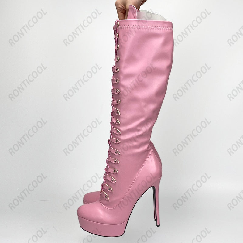 Women Winter Platform Knee High Stiletto Heels Boots