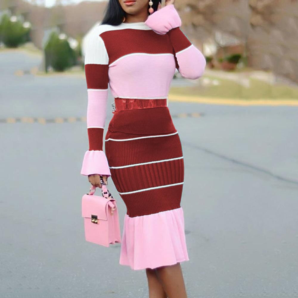 Autumn Patchwork Long Sleeve O Neck Sweater Midi Skirt And Top Set