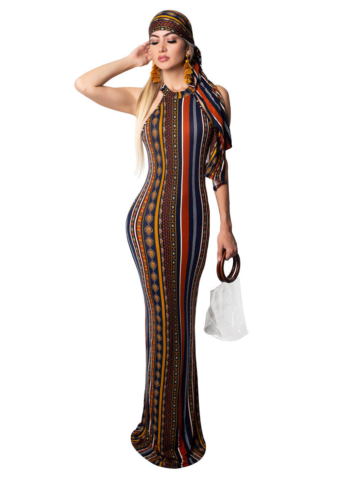 sexy Stripes Bohemian Print Dress (including headscarf)