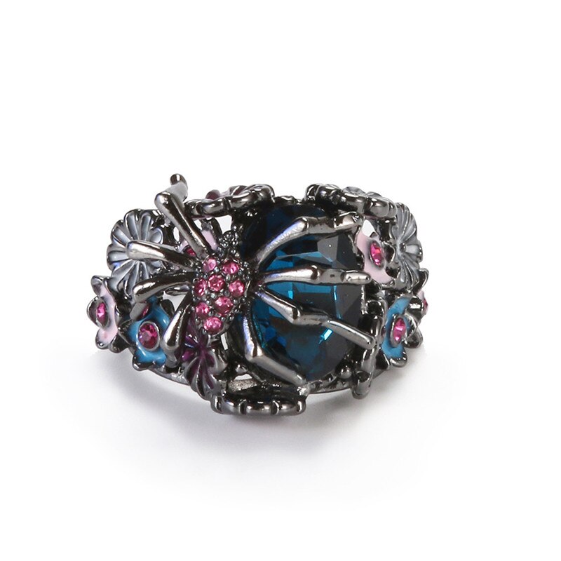 Luxury Spider and Flower Blue Zircon  Black Rings