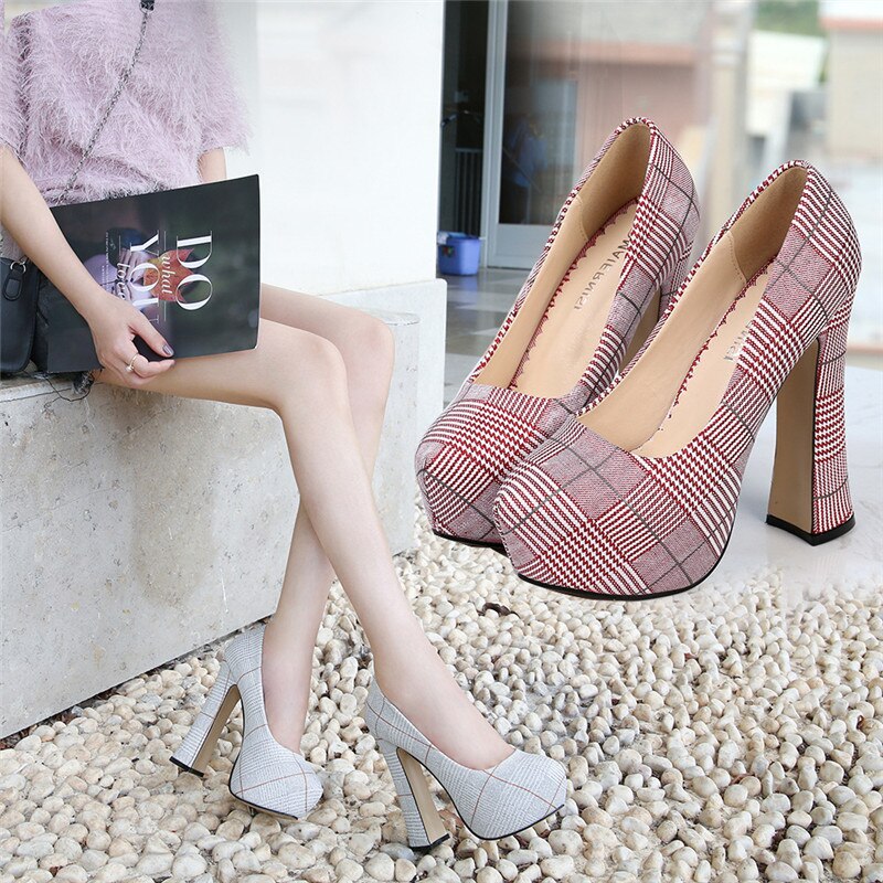 Fashion New Platform Thick Heel Houndstooth Shoes