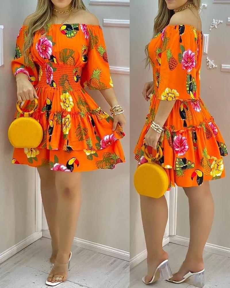 Elegant Fruit Print Off Shoulder Short Sleeve High Waist Pleated A-Line Dress