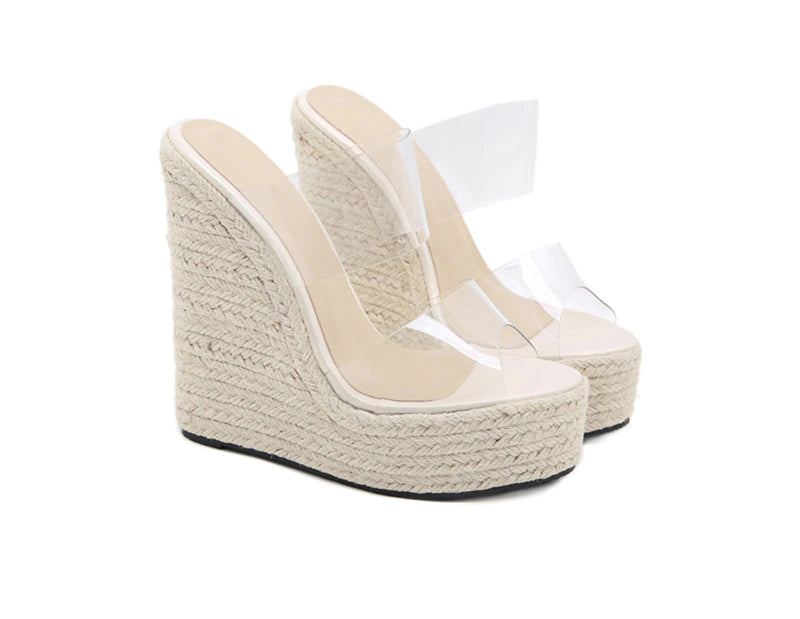 PVC Transparent Peep Toe Cane Straw Weave Platform Wedges