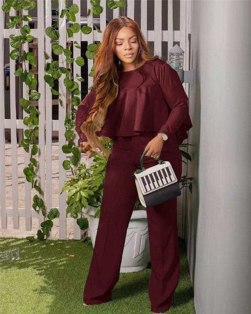 Long Sleeve Dip Hem Crop Top Shirt & Loose Pants Set